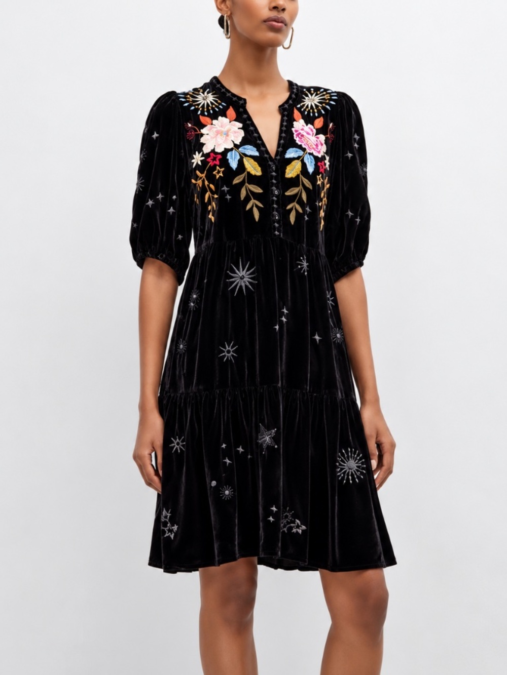Johnny Was Celestin Velvet Embroidered Puff Sleeve Dress XS